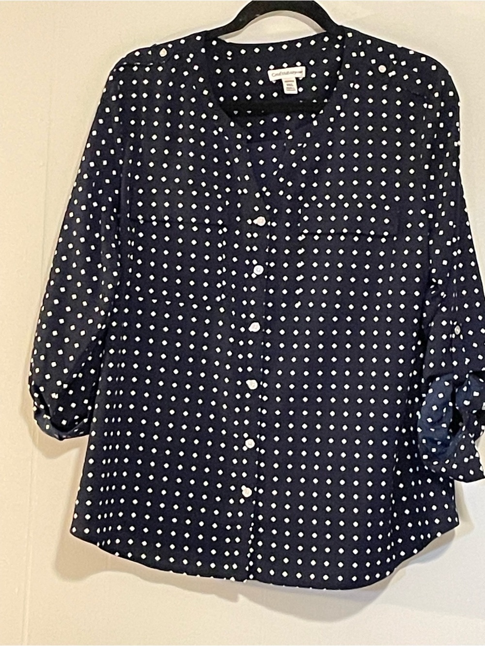Polka Dot Navy Button-Up Blouse